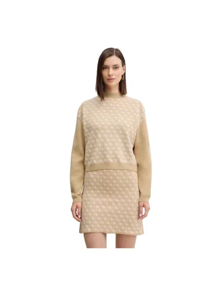 Sweter krótki z dzianiny z okrągłym dekoltem Guess beżowy