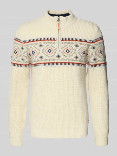 Sweter z mieszanki wełny z norweskim wzorem i kołnierzem zapinanym Ragman biały