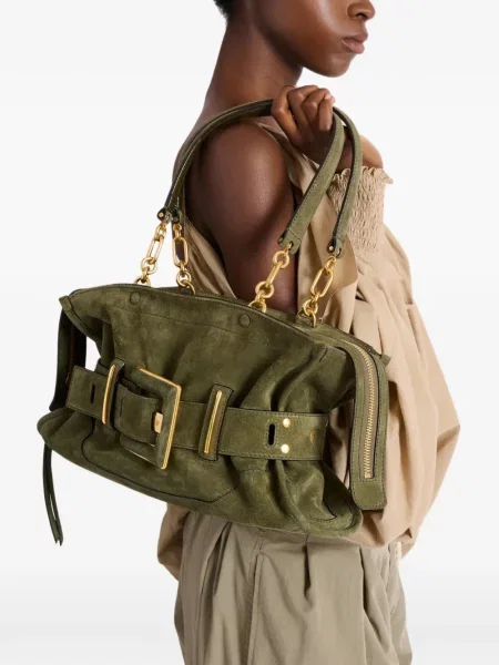 Geantă Balmain din piele de căprioară verde