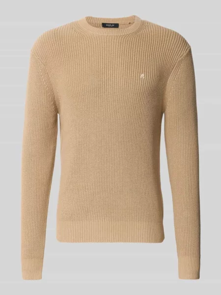 Sweter o kroju slim fit z czystej bawełny w imitacji dzianiny Replay beżowy
