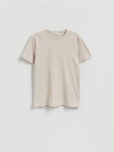 Reserved T-shirt regular w prążek beżowy