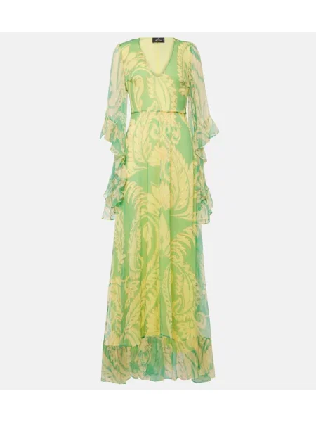 Rochie maxi Etro de mătase cu volane de costum verde