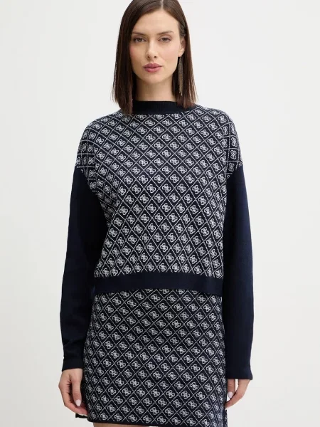 Guess sweter z domieszką wełny AUBREY z półgolfem granatowy