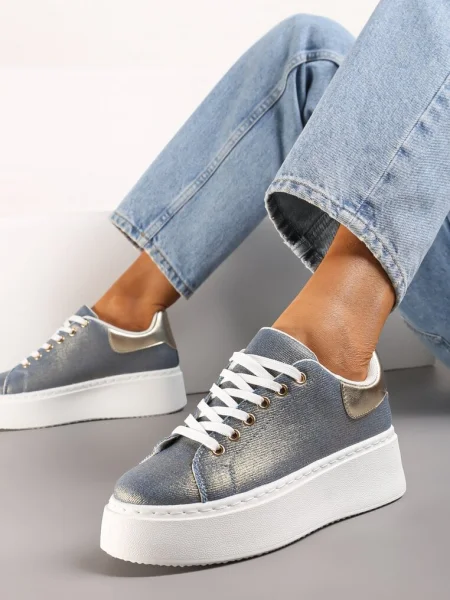 Niebiesko-Złote Sneakersy na Grubej Podeszwie przed Kostkę z Metaliczną Wstawką Morabell niebieskie