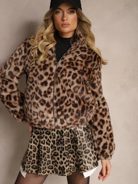 Futrzana Kurtka Bomberka ze Stójką w Panterkowy Wzór Vialista brązowa