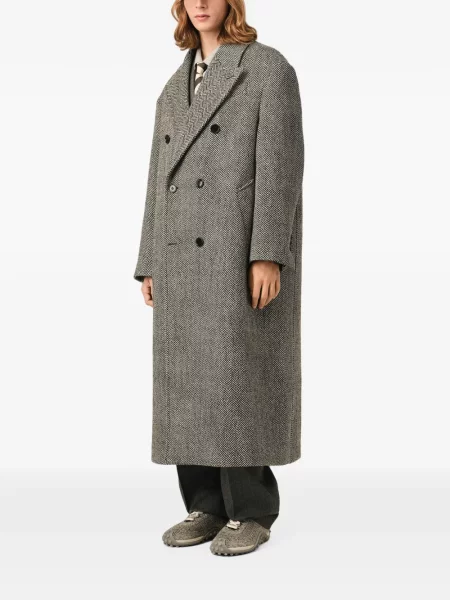 Lung palton Ami Paris de lână cu model herringbone gri