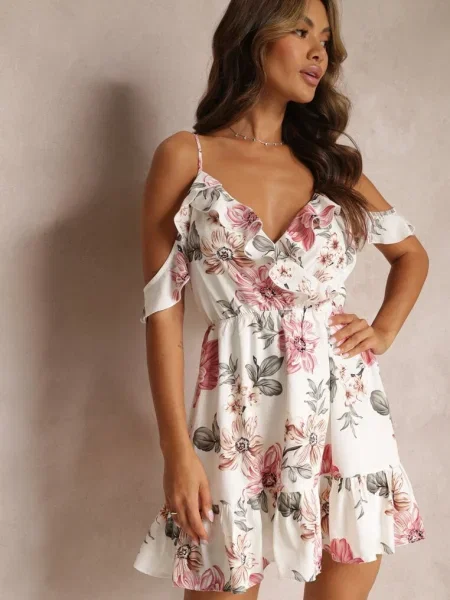 Rochie evazată cu flori și volane Nonare albă