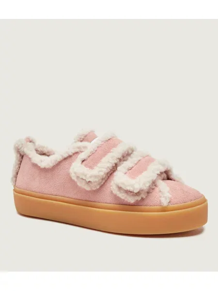 INUIKII Căptușite sneakers Low Velcro Pastelle | piele întoarsă zamsz | cu adaos de lână | shearling roz