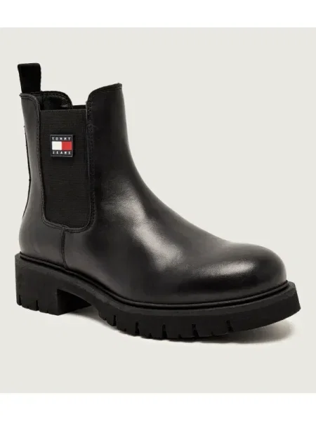 Tommy Jeans cizme TJW CHELSEA LEATHER BOOT cu plat negru
