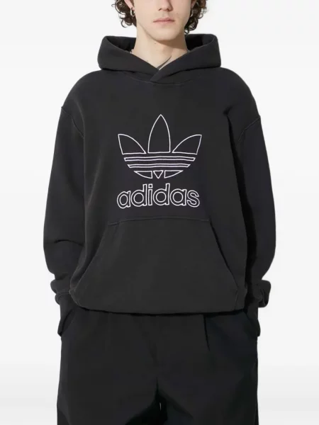 Majica s kapuljačom Adidas s vezom od jersey crna