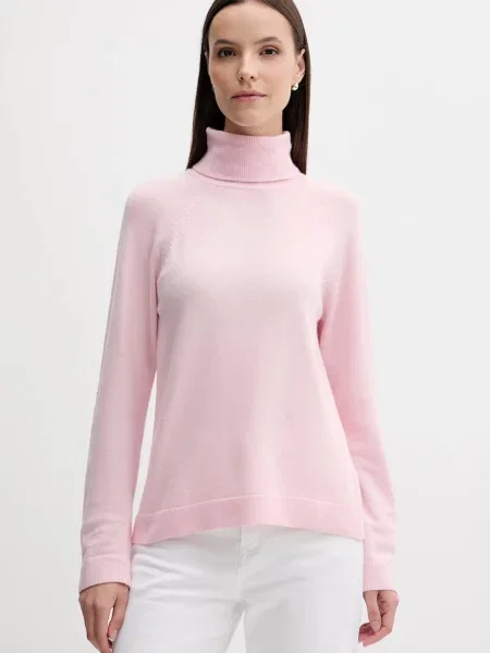 Пуловер от вълна United Colors of Benetton от лека материя с поло розово