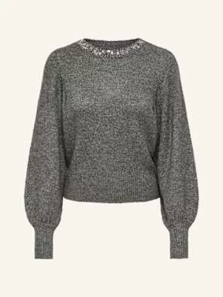 Sweter z dzianiny o kroju regular fit z obszyciem ozdobnymi kamieniami model ‘ELSA’ Only szary