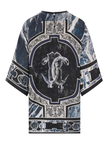 Bluză Roberto Cavalli de mătase cu imagine albastru