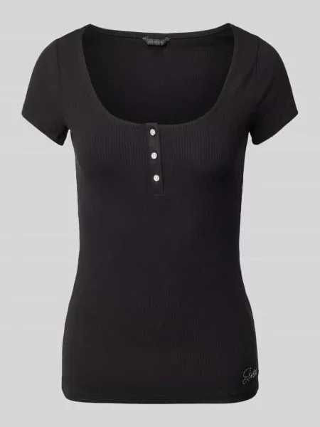 T-shirt z prążkowaniem model ‘KARLEE’ Guess czarna