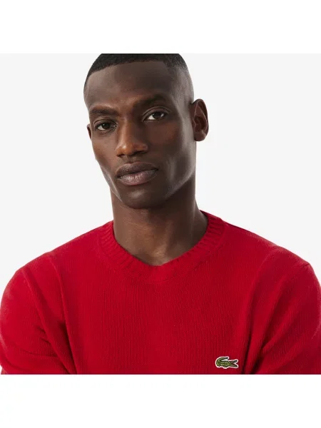 Lacoste Sweter Z Okrągłym Dekoltem Z Wełny Zgrzebnej czerwony