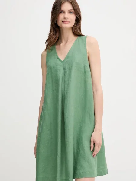 Ленена рокля United Colors of Benetton къса разкроена зелено