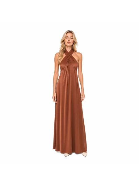Sukienka koktajlowa Ralph Lauren z dekoltem halter brązowa