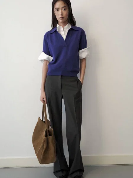 Sweter wełniany z kołnierzykiem polo purpurowy Kobieta S MANGO