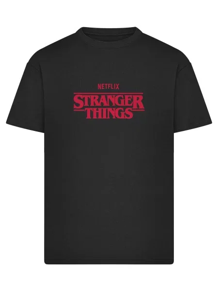 Merchcode Tričko Stranger Things Rewatch marine modrá / světle hnědá / purpurová černá