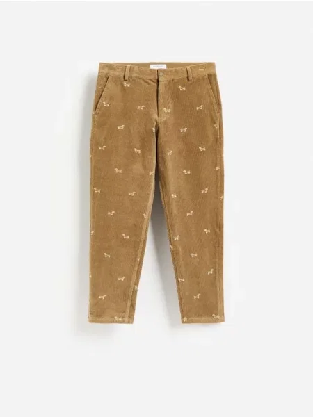 Reserved Pantaloni de catifea raiată cu broderie bej