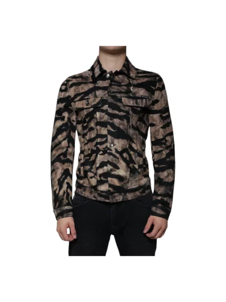 Kurtka puchowa Dolce And Gabbana w tygrysie prążki z kołnierzem brązowa