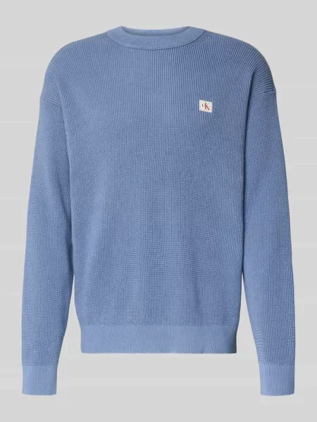 Sweter z dzianiny z fakturowanym wzorem i okrągłym dekoltem Calvin Klein Jeans błękitny