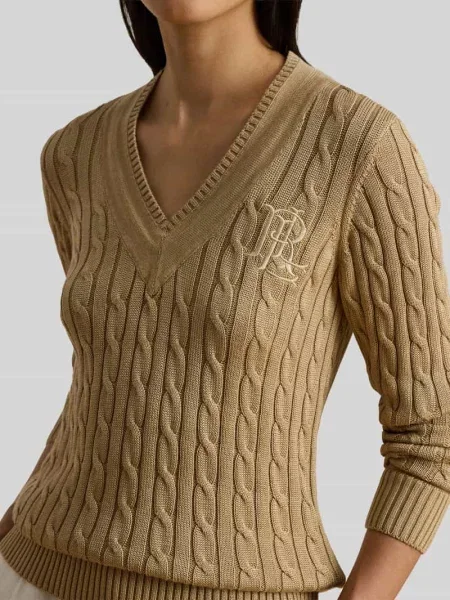 Sweter o kroju regular fit z mieszanki bawełny z wyhaftowanym logo Lauren Ralph Lauren beżowy