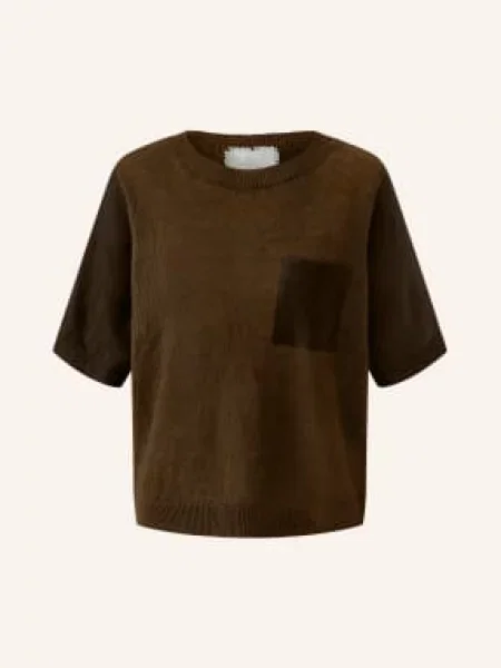 Oui Pletené Tričko Z Lnu V Kombinaci Materiálů tmavě hnědá