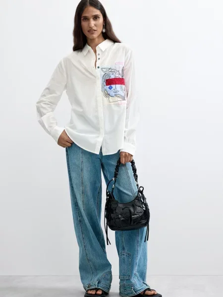 Desigual Bluză albastru pastel / roșu cireș / negru alb