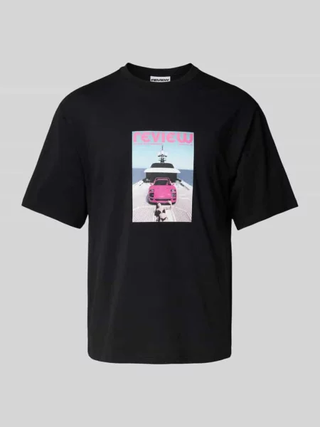 T-shirt z prążkowanym okrągłym dekoltem Review czarna