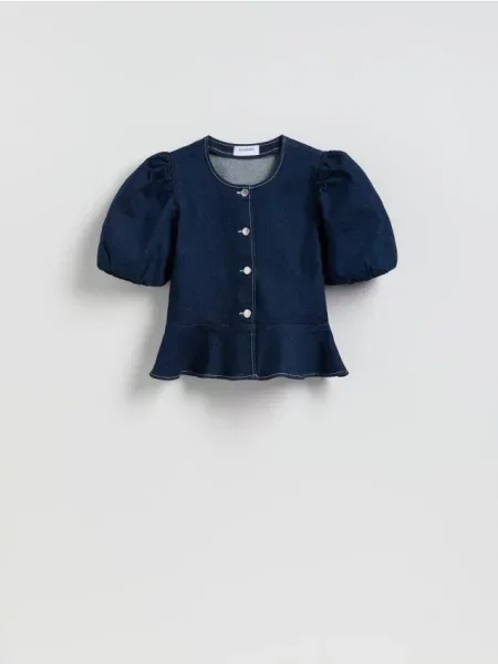 Reserved Джинсова блузка з баскою темно-синій синя