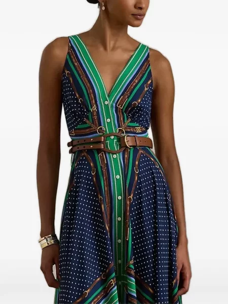 Rochie Lauren Ralph Lauren cu imagine cu decolteu în V asimetrică albastru