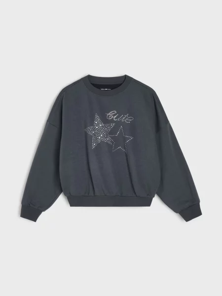Sinsay Mikina crewneck s ozdobnými kamínky šedá