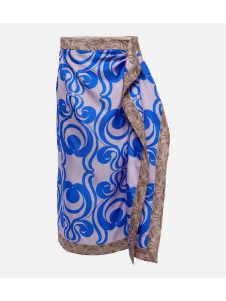 Jedwabna spódnica Dries Van Noten z nadrukiem kopertowa niebieska