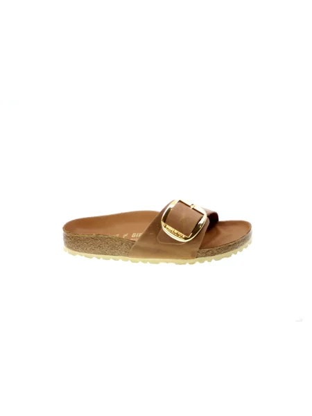 Klapki Birkenstock skórzane na sprzączkę na płaskim obcasie brązowe