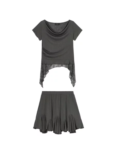 Rochie mini Tout A Coup cu volane din dantelă gri