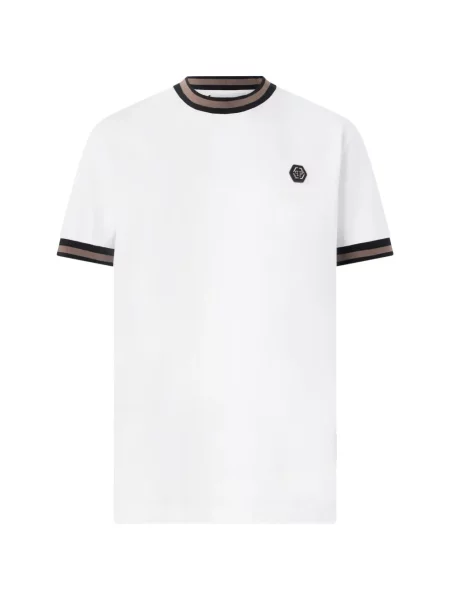 Tricou Philipp Plein cu dungi cu autograf alb