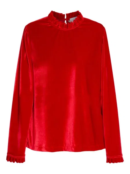 Aksamitna golf bluzka Isolda z falbankami czerwona
