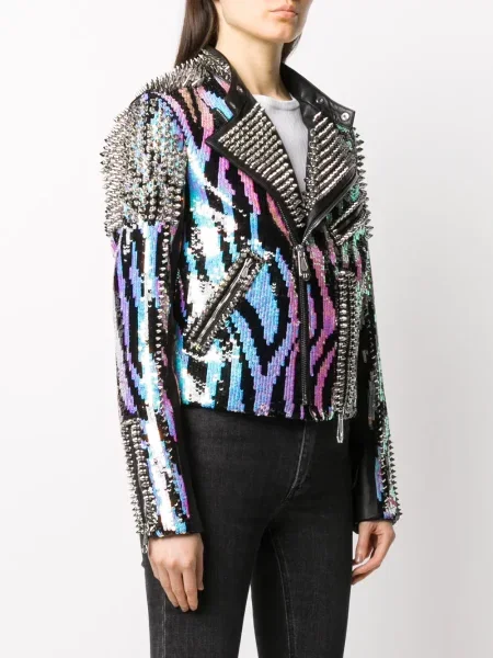 Kurtka skórzana Philipp Plein w zebrę biker czarna