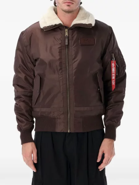 Με κολάρο μπουφάν bomber Alpha Industries από δέρμα προβάτου καφέ