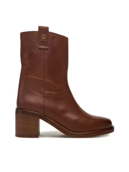 Tommy Hilfiger Škornji Riding Lthr Mid Boot Block Heel rjava