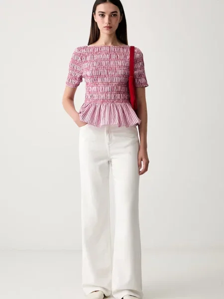 Tommy Hilfiger bluza z volančki z bombažem roza