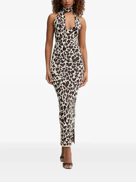 Rochie maxi Silvian Heach cu imagine cu model leopard cu gât halter maro