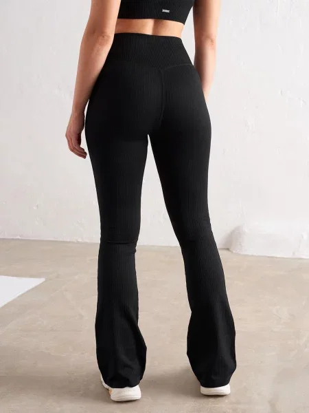 Legginsy bezszwowe prążkowane rozszerzane wysoki stan squat proof czarne