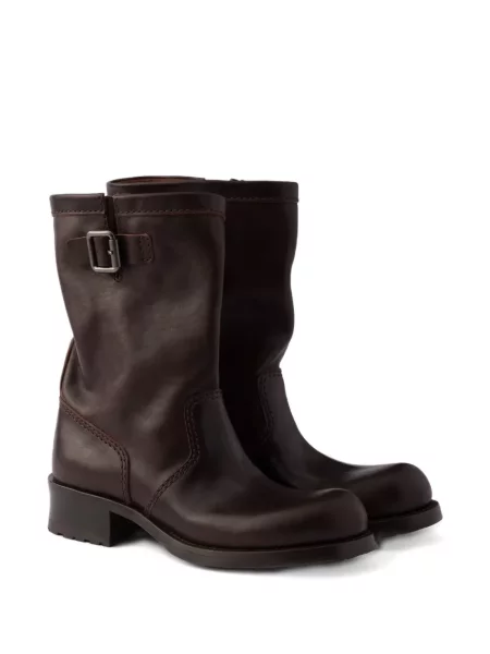Botine Prada din piele cu cataramă maro