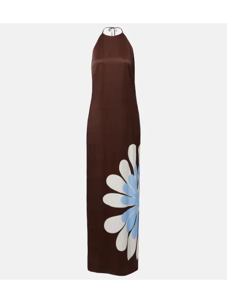 Rochie maxi Cala De La Cruz cu model floral cu gât halter maro