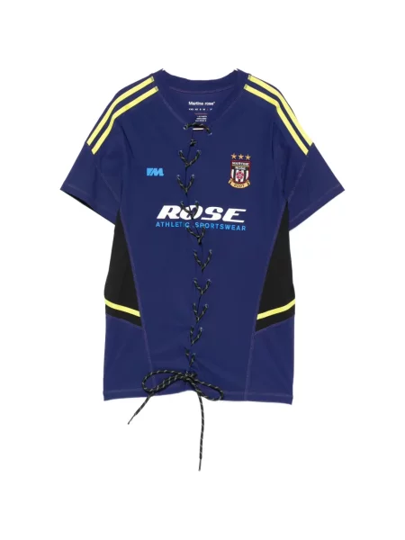 Раирана тениска Martine Rose с връзки на райета с дантела синьо