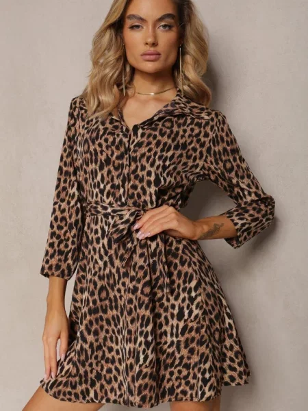Sukienka Mini w Zwierzęcy Wzór z Trójkątnym Dekoltem i Wiązaniem w Talii Vidan brązowa