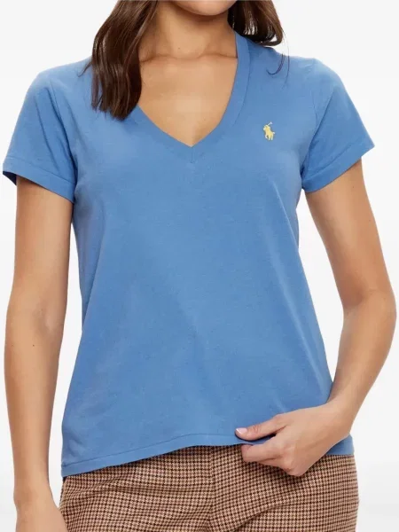Cămașă Polo Ralph Lauren cu broderie tricotate cu decolteu în V albastru