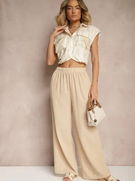 Spodnie Palazzo o Szerokim Kroju High Waist Ollevia beżowe